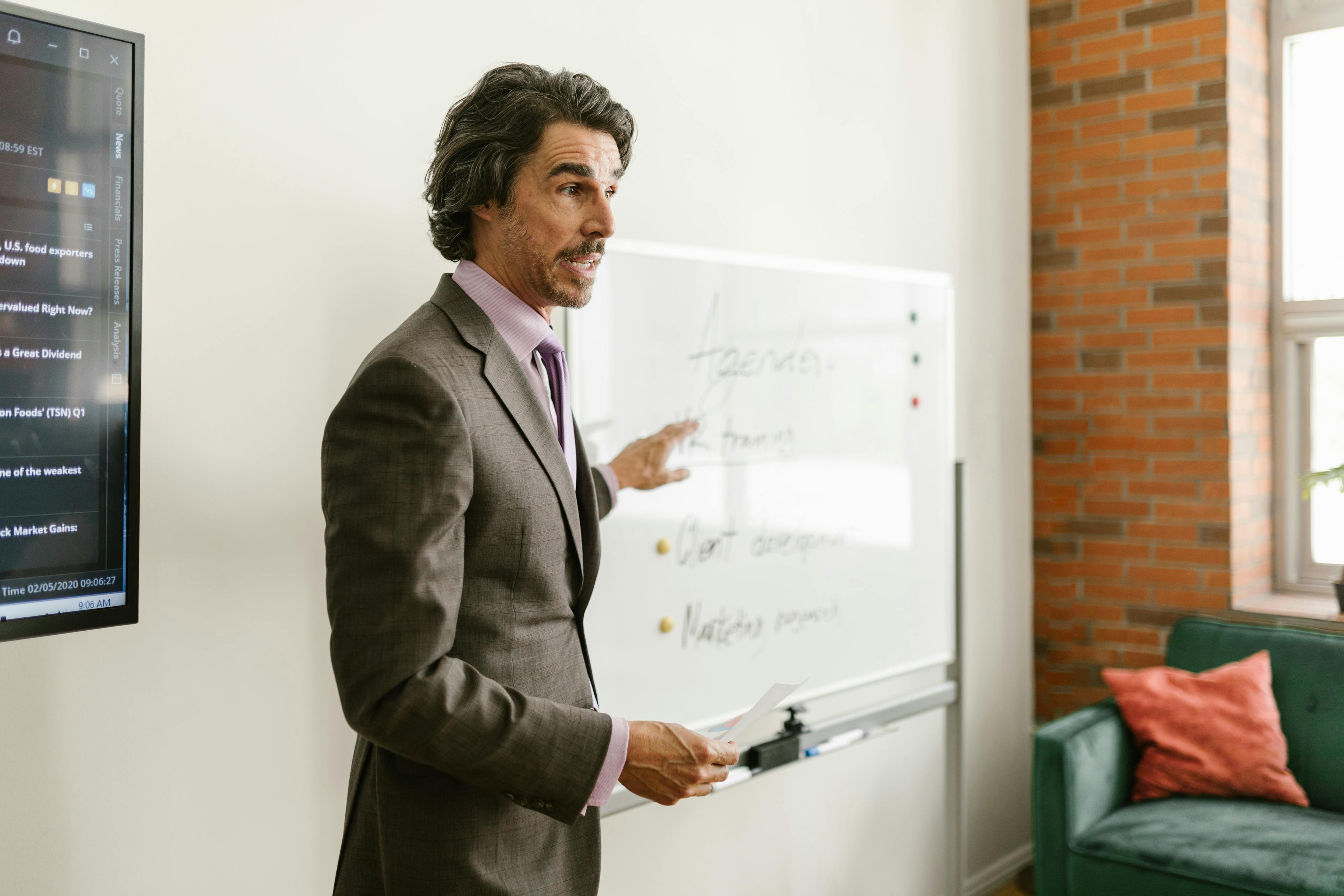 Professional at whiteboard planning strategy